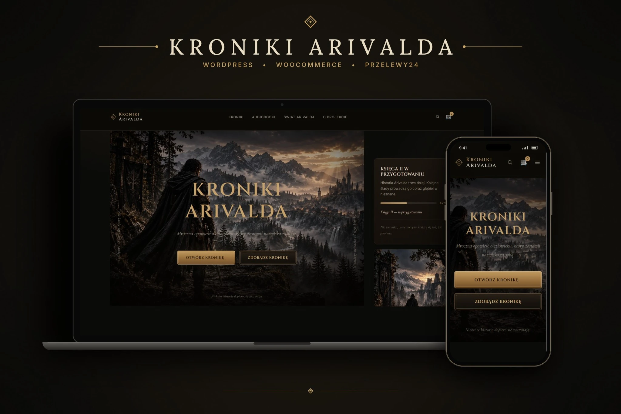 Kroniki Arivalda — autorski sklep internetowy pokazany na laptopie i smartfonie