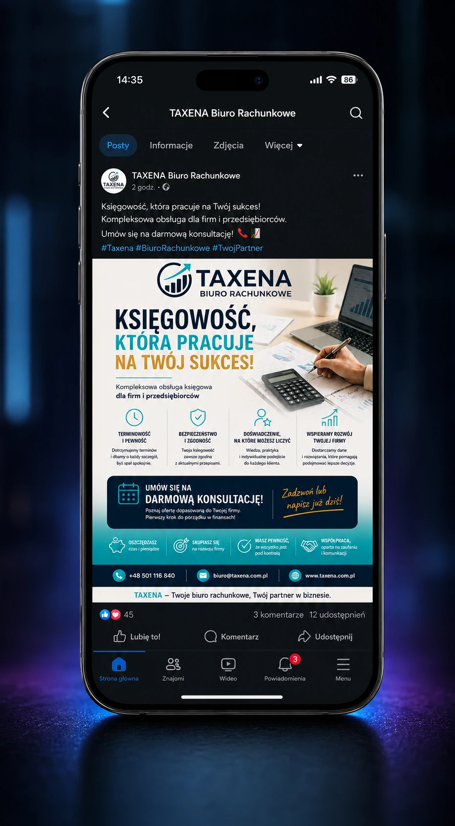 Projekt reklamy na Facebooku dla biura rachunkowego Taxena